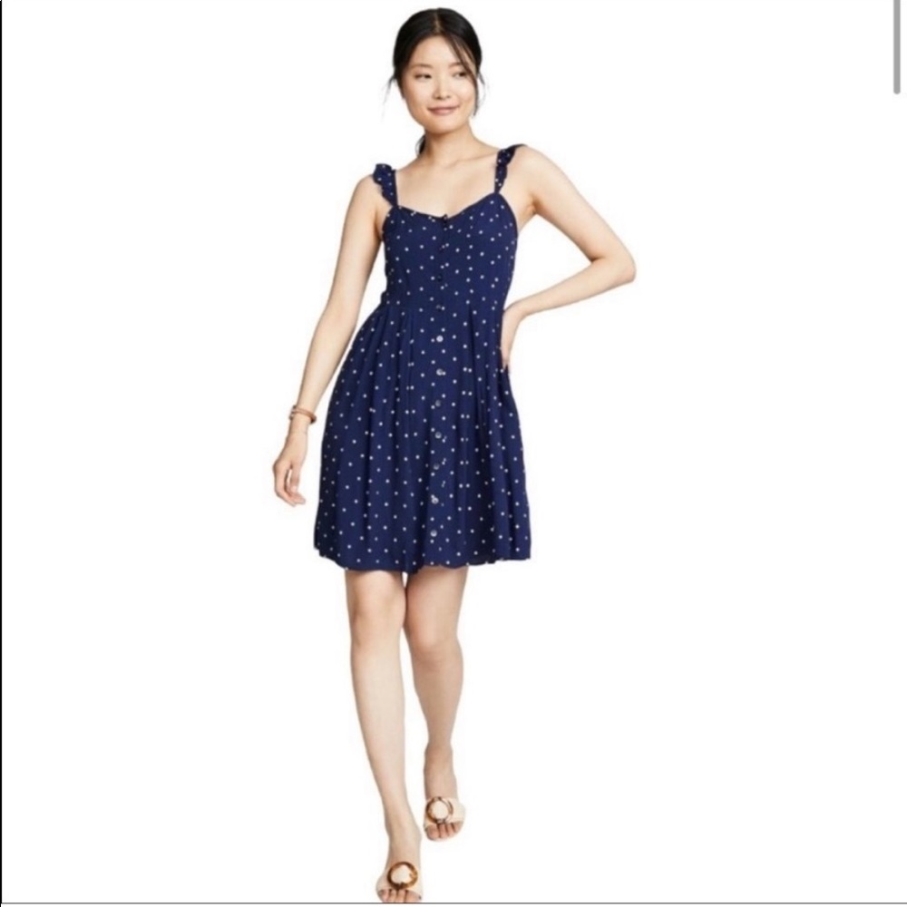 Madewell Ruffle-Strap Button-Front Sundress Dress in Navy Blue Tan Polka Dot 6